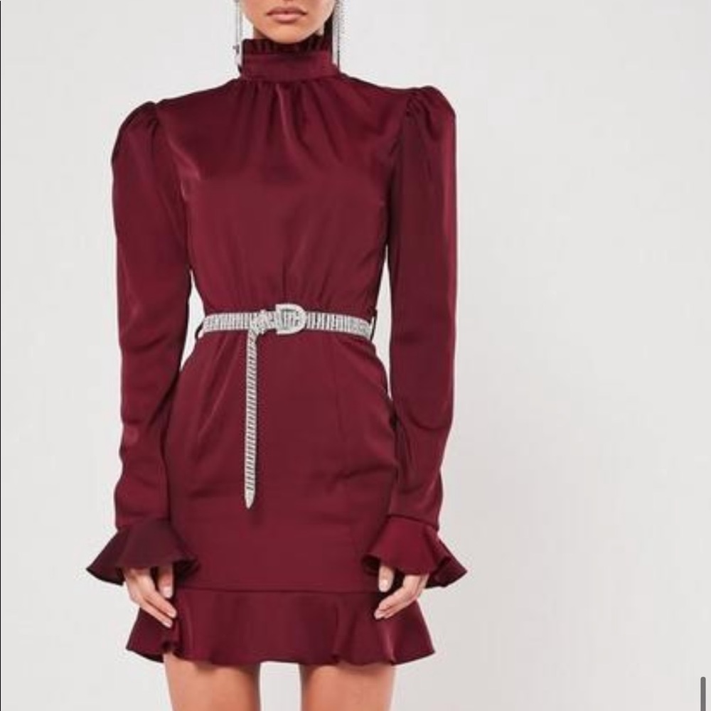peace + love burgundy highneck diamante belt dress